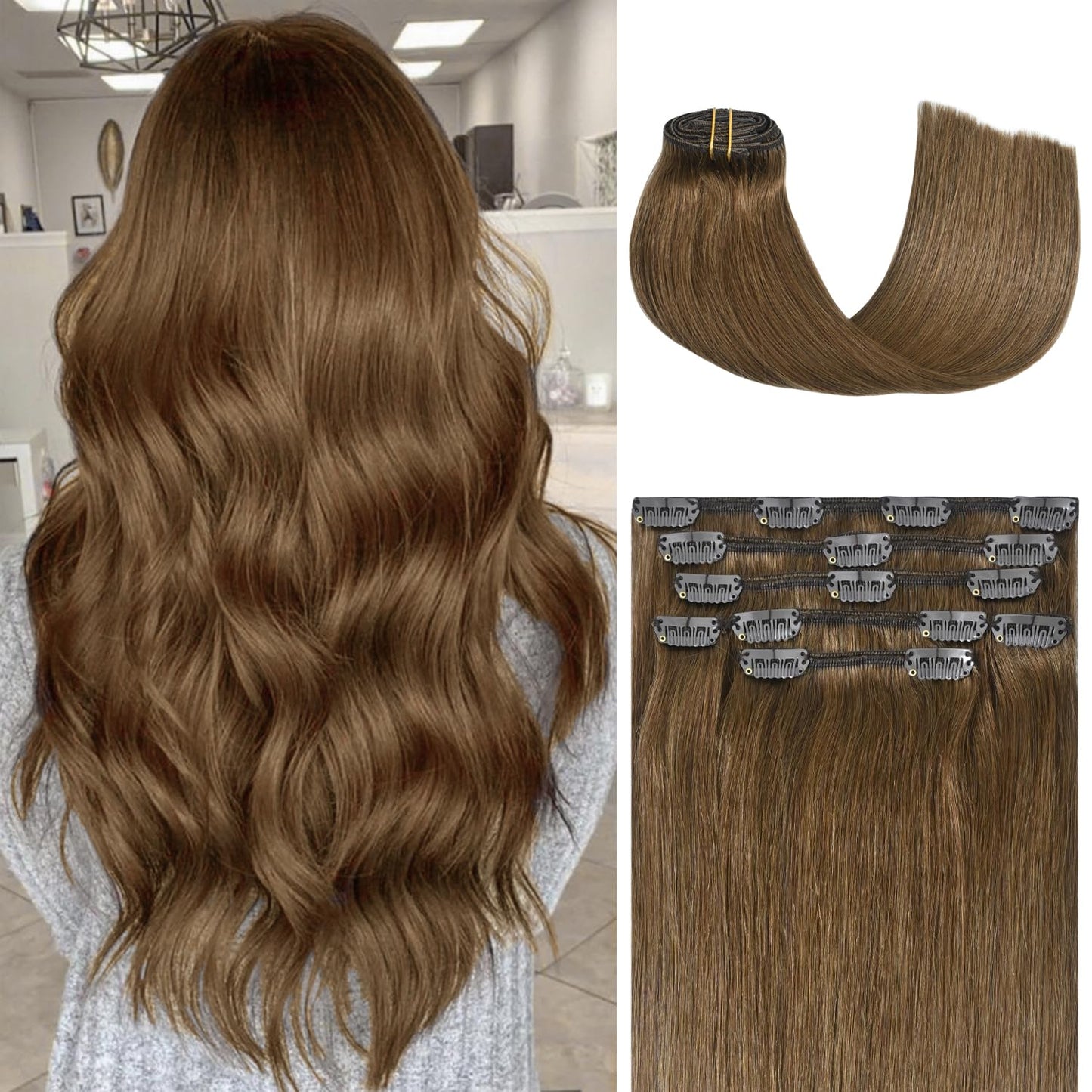 Honsoo Chestnut Brown Remy Clip In Hair Extensions Real Human Hair 18Inch 70G 7Pcs Sliky & Soft Clip Ins