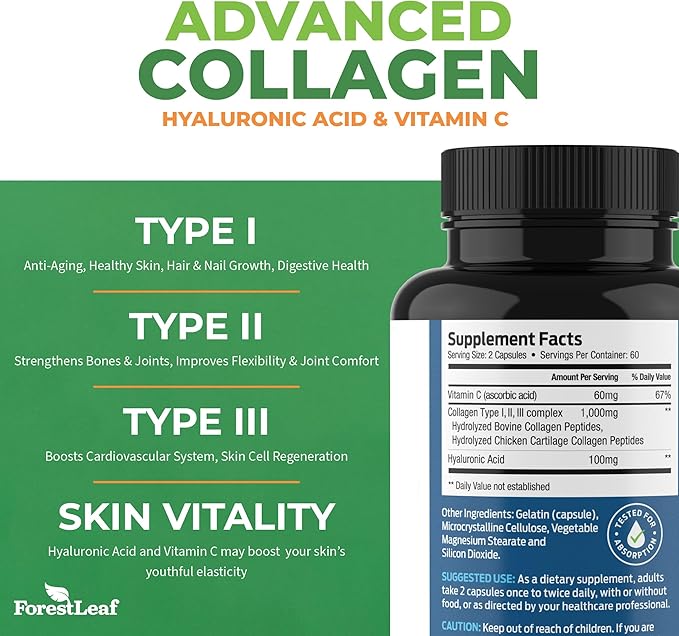 ForestLeaf Multi Collagen Pills with Hyaluronic Acid + Vitamin C | Hydrolyzed Collagen Supplements for Women or Men | Multi Collagen Capsules Peptides for Skin, Wrinkles, 120 Caps