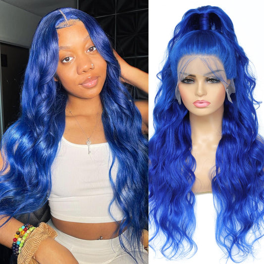 Manyisi Blue 32 Inch Human Hair Wig, 180% Density, Body Wave, Hd Lace Front, Glueless, Adjustable Cap, Versatile Style For Women