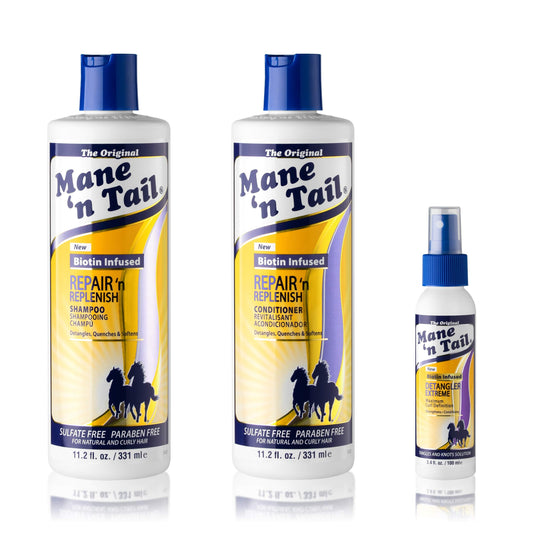 Mane N Tail Sulfate Free Repair N Replenish Gentle Cleaning And Replenishing System (11.2 Oz Each) With Extreme Detangler 3.4 Ou
