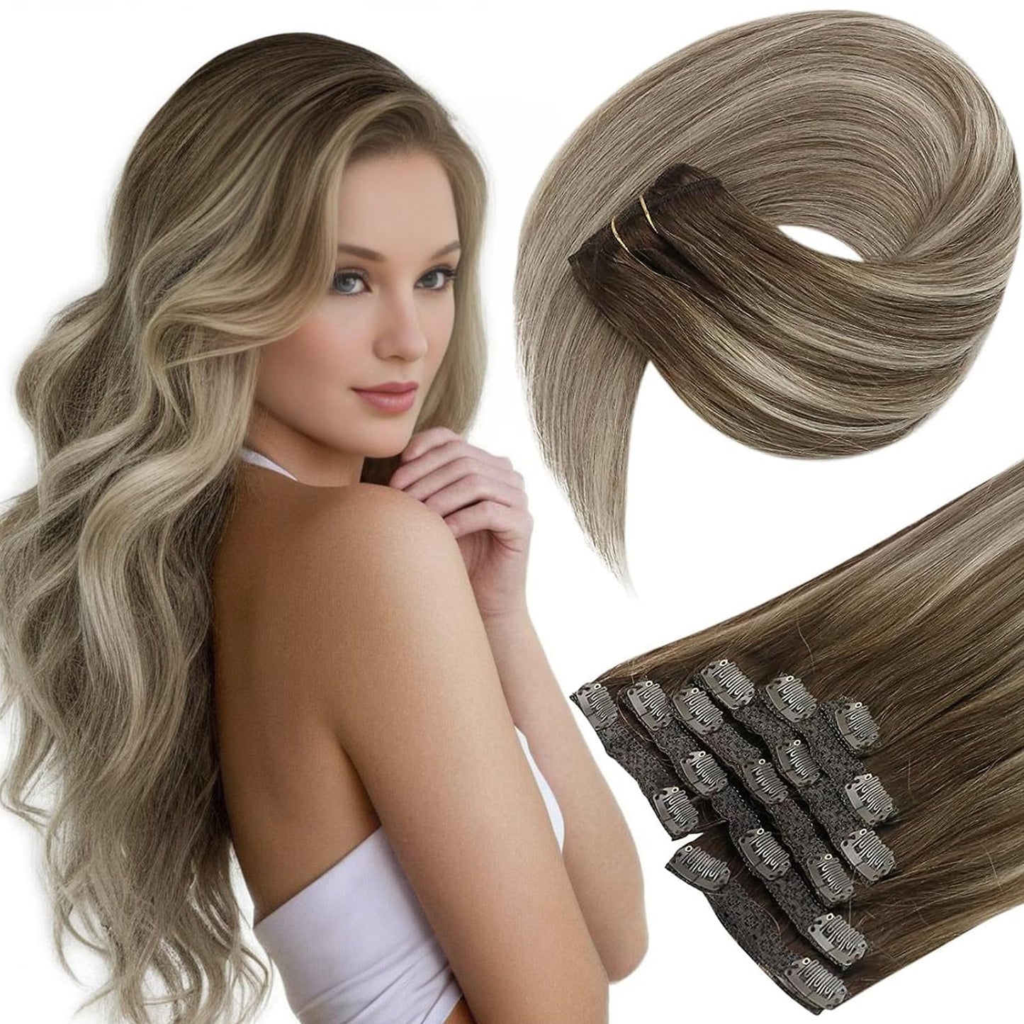 Sunny Brown Clip In Hair Extensions Real Human Hair Invisible Clip In Extensions Balayage Dark Brown Ombre Light Brown With Blon