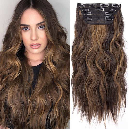 4Pcs Clip In Hair Extensions For Women Brown Highlighted Caramel Blonde Long Wavy Thick Hair Extensions Clip In Double Weft Hair