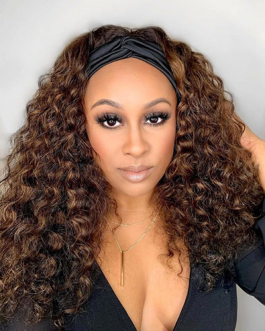 Lauberita Chocolate Brown Headband Wig Human Hair For Women #4 Deep Wave Headband Wig Glueless Curly Human Hair Wig 26 Inch