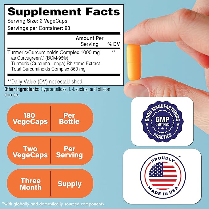 Health Thru Nutrition Turmeric Curcumin Complex 1000mg Supplement | as BCM-95 Curcugreen Clinically Studied | Vegan Certified (Pack of 180)