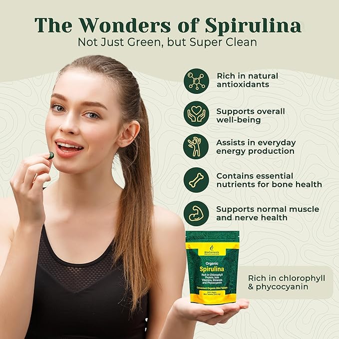 Organic Spirulina | BioDynamic Cracked Cell Wall, Chlorophyll-Rich, Vitamins, Minerals | Vegan Tablets (200 mg) ((1000)