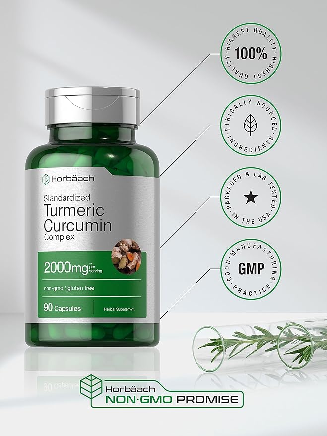 Horbäach Turmeric Curcumin Supplement 2000mg | 90 Capsules | Complex with Black Pepper | Non-GMO, Gluten Free