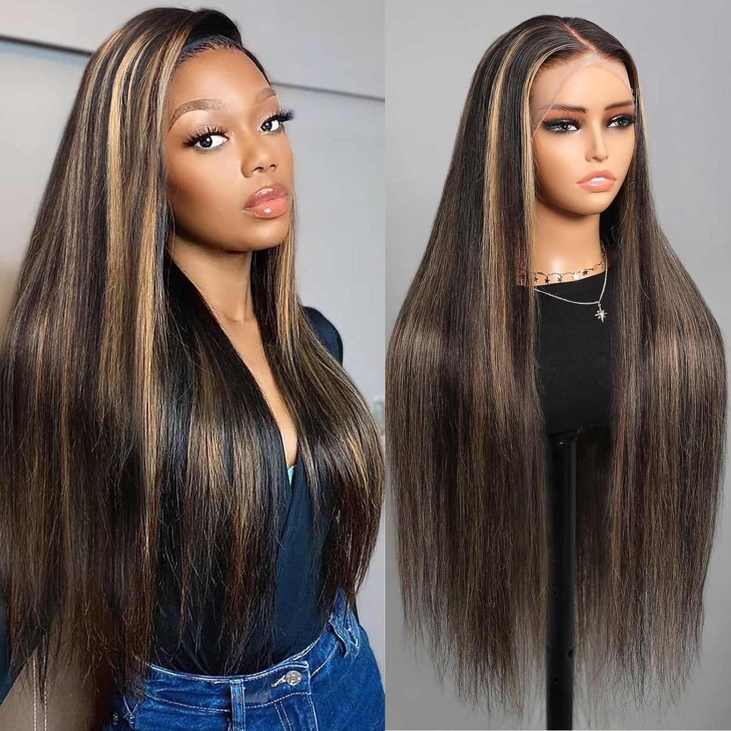 Superlook Real Bleached Knots Highlight Lace Front Wigs Human Hair 240% Density Balayage Glueless Wigs Human Hair 36 Inch 13X4 O