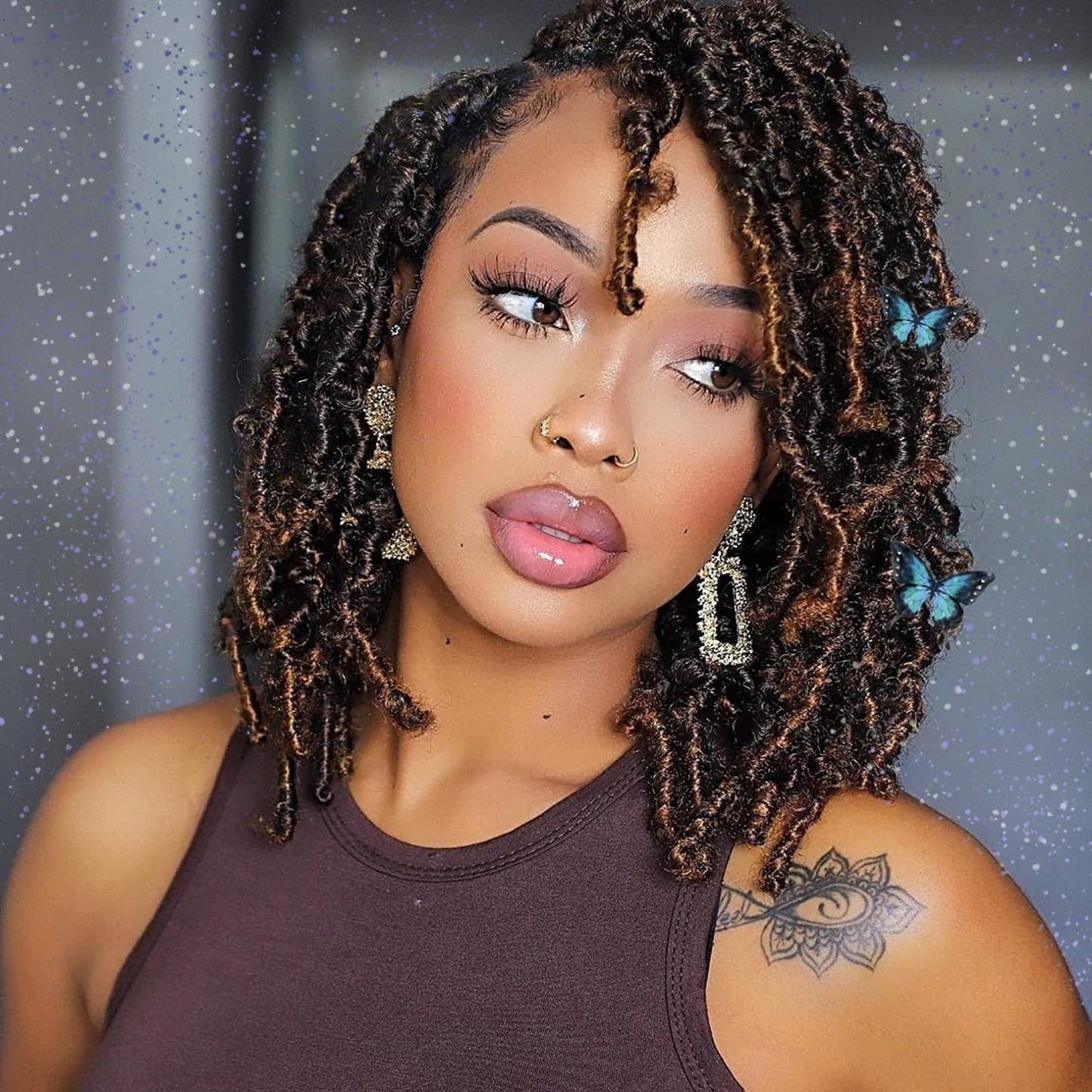 Toyotress Butterfly Locs Crochet Hair - 10 Inch 7Pcs Ombre Brown Pre-Twisted Distressed Crochet Braids, Short Bob Faux Locs Pre-