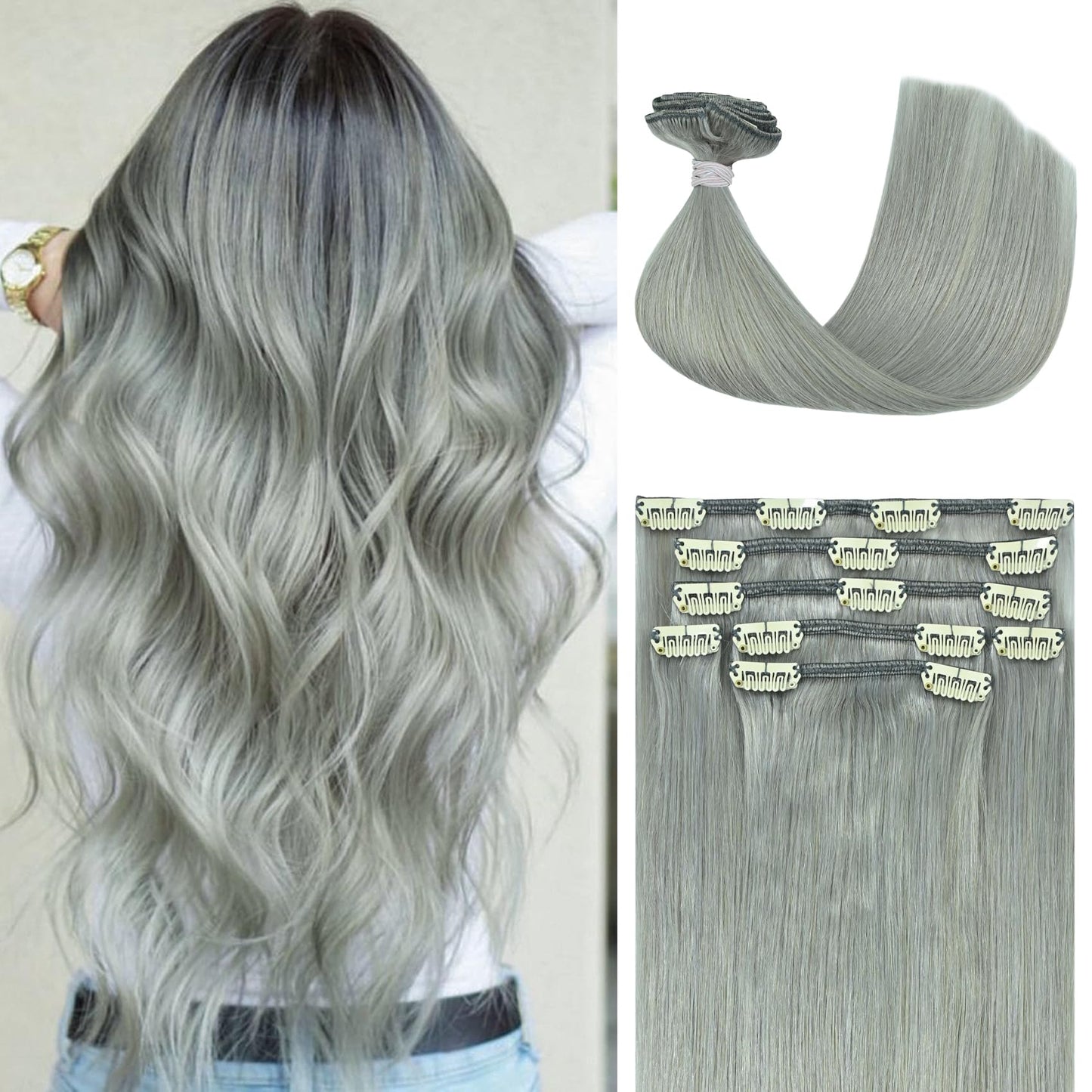 Honsoo Sliver Gray Hair Extensions Real Human Hair Clip Ins 70G 7Pcs 12In Clip In Hair Extensions Real Human Hair For Short Hair