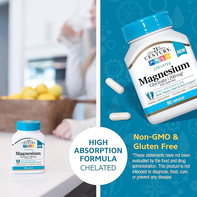 21st Century Magnesium Glycinate 200 mg Capsules per Serving, 90 Count