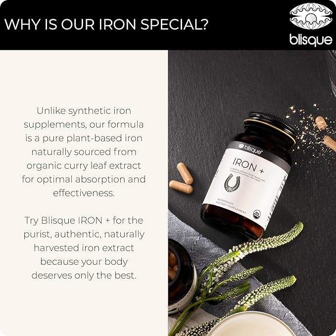 Blisque - Organic Plant-Based Iron Formula for Blood Health, Immune Support, and Energy | from Organic Curry Leaf Extract | 90 Capsules