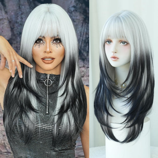 7Jhh Wigs 25Inch Long Straight Layered Wig With Bangs Heat Resistant Black White Ombre Wig Make Natural Looking Wigs For Women P