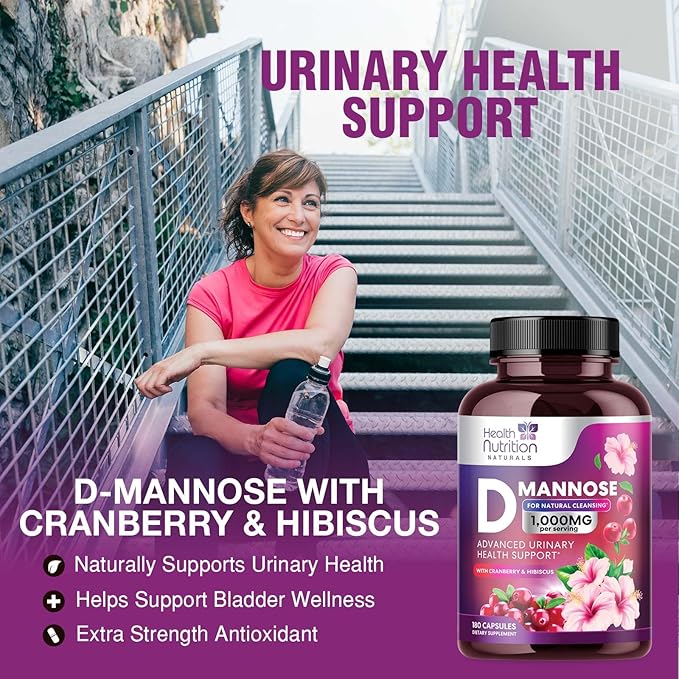 D-Mannose with Cranberry, Hibiscus & Dandelion 1350mg Advanced Formula – Urinary Tract Support Supplement for Women & Men – Flush & Cleanse Impurities – Non-GMO, Vegan for Women & Men – 180 Capsules