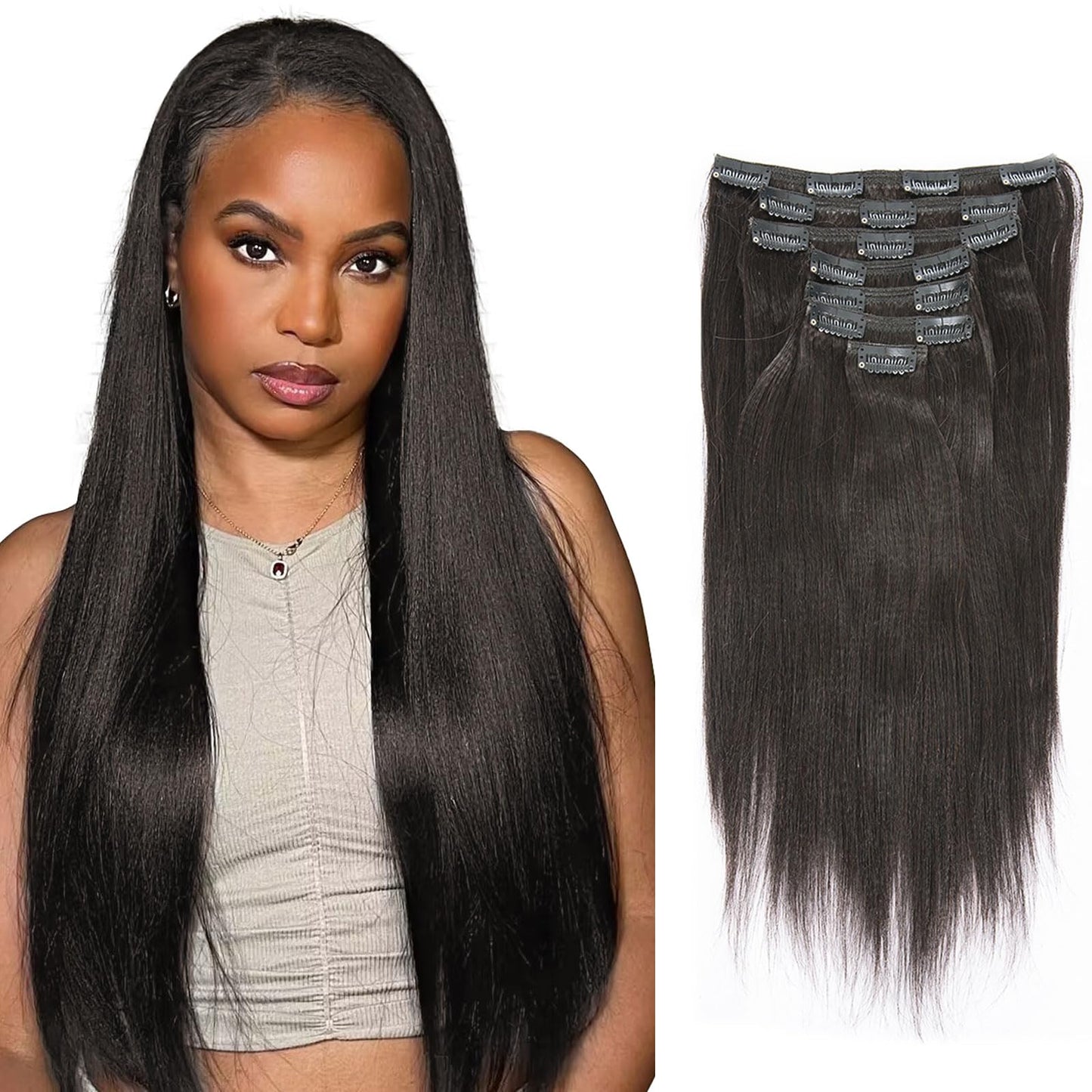 Lacer Light Yaki Clip In Hair Extensions, Remy Human Hair Natural Black Thick Yaki Straight Clip Ins For African American Woman