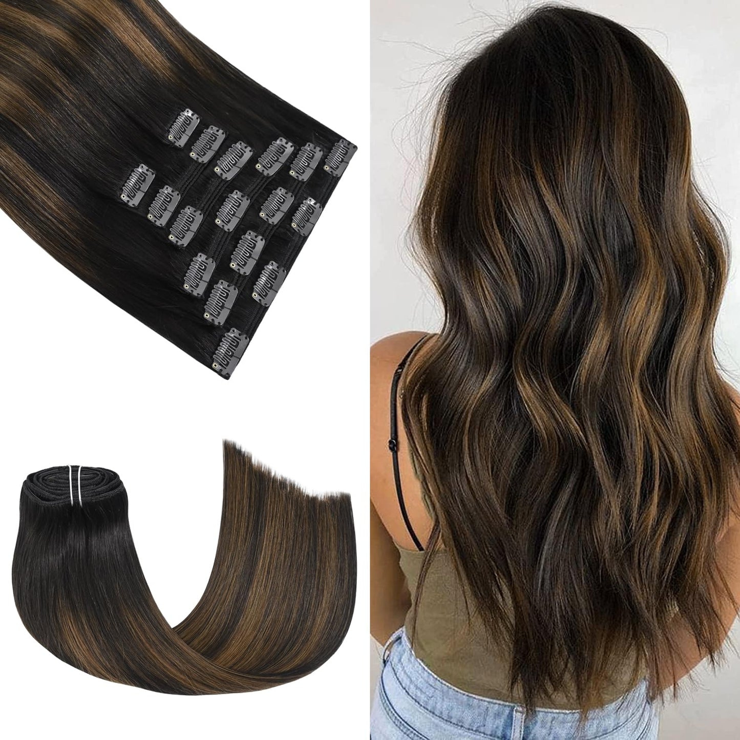 Honsoo Hair Extensions Clip In Real Human Hair 16In Dark Brown To Chestnut Brown Natural, Clip In Human Hair 120G 7Pcs Silky Sof