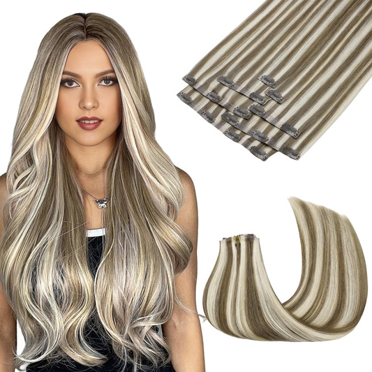 Maxita Clip In Hair Extensions Real Human Hair,130G 7Pcs Platinum Blonde Bronde 16 Inch,Remy Clip In Hair Extensions Seamless Cl