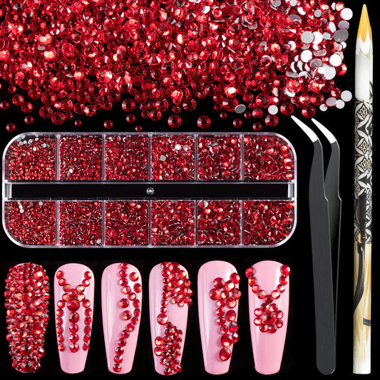 3600Pcs Red Round Rhinestones Flatback 1.8-4Mm Flatback For Manicure, 6 Multi Sizes Nail Art Shine Crystal Gem Diamond Bling Set
