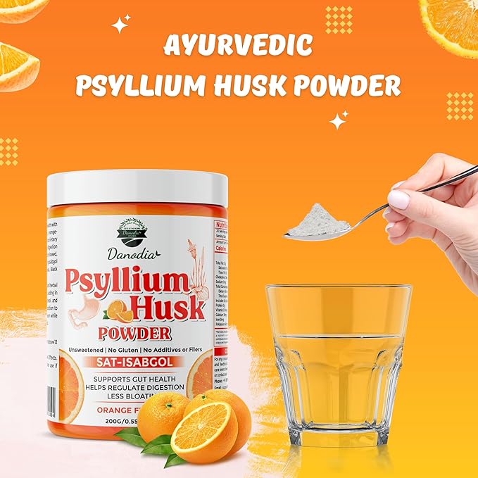 Danodia Foods Organic Psyllium Husk Powder Mild Orange Flavor, 200g (8.8oz) | Sat-Isabgol with 5 Added Herbs | Unsweetened, Gluten-Free, Natural Fiber Supplement for Digestive Health