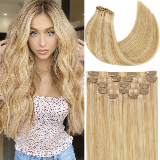 Loxxy Human Hair Clip In Extensions Invisible Double Pu Weft Seamless Clip In Hair Extensions Piano Light Golden Brown Mixed Wit