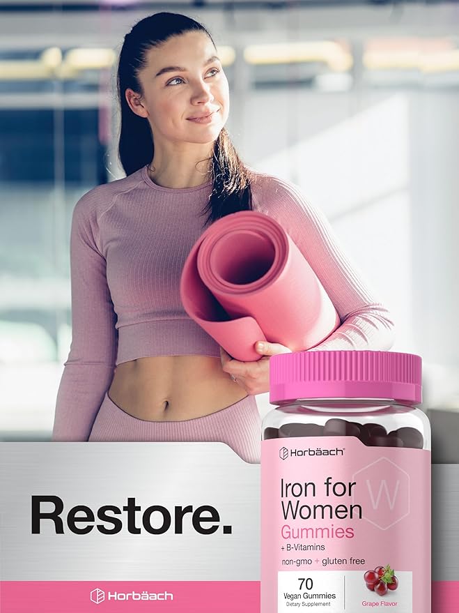 Horbäach Iron Gummies for Women | Supplement with B Vitamins | 70 Count | Grape Flavor | Vegan, Non-GMO & Gluten Free