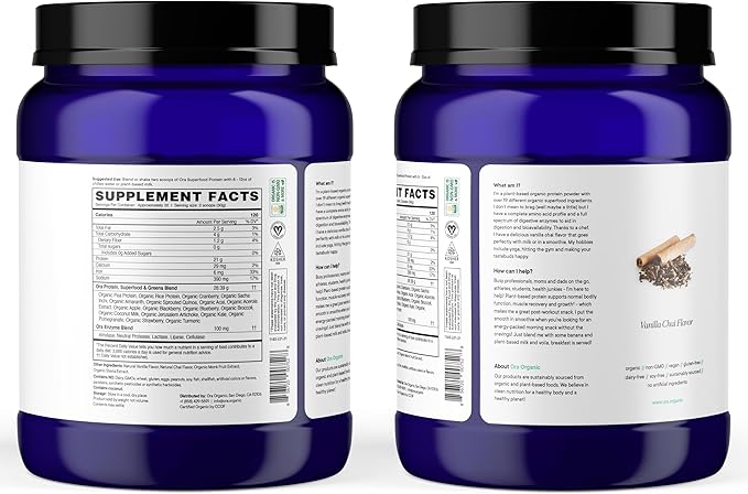 Ora Organic Vegan Protein Powder - 21g Plant Based Protein Powder for Women and Men | Clean Protein Source, Keto Friendly, Gluten Free, Paleo, Dairy-Free, Gluten-Free, Soy-Free (Vanilla Chai)