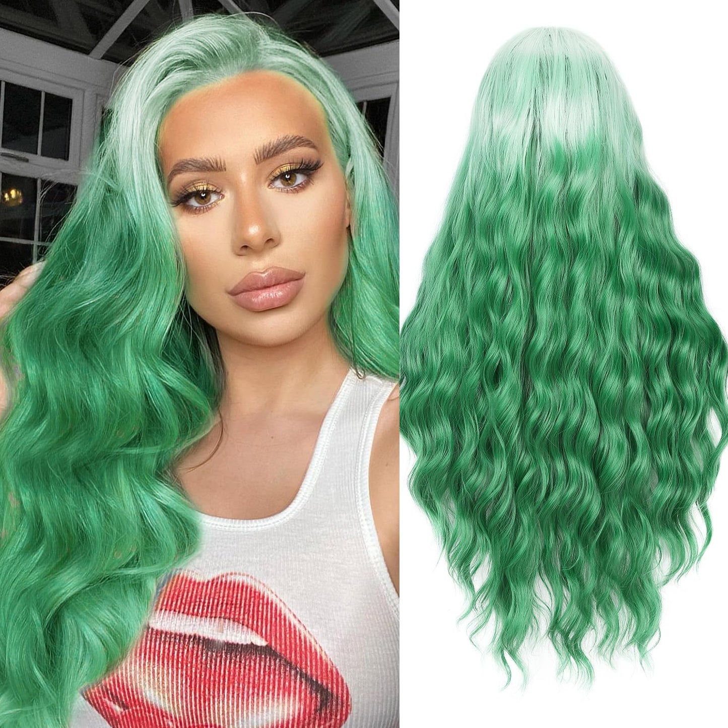Fave Long Green Wavy Wigs 28Inch Light Roots Green Wigs For White Women Synthetic Wig Natural Looking Middle Part Wigs For Daily