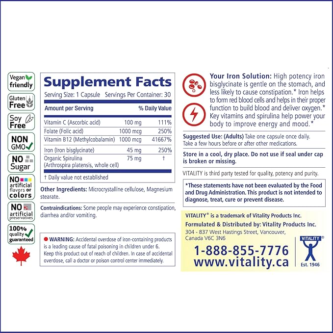 VITALITY Power Iron + Spirulina | 45mg Iron | Blood Builder | Iron Deficiency Support | Vegan | All Natural Supplement | Gentle on Stomach | Capsules… (60 Count (Pack of 1))
