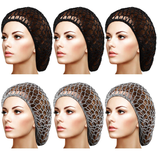 6 Pieces Hair Net Snoods For Women Sleeping Mesh Soft Rayon Knit Crochet Hairnet Long Short Curls Hair Cover Accessory (Black, G