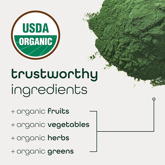 Organic Super Greens Powder, 70+ Superfoods, 0 Sugar, 3G Fiber, Spirulina, Chlorella, Antioxidants, Prebiotics/Probiotics, Digestive Enzymes, Green Apple, 30 Servings
