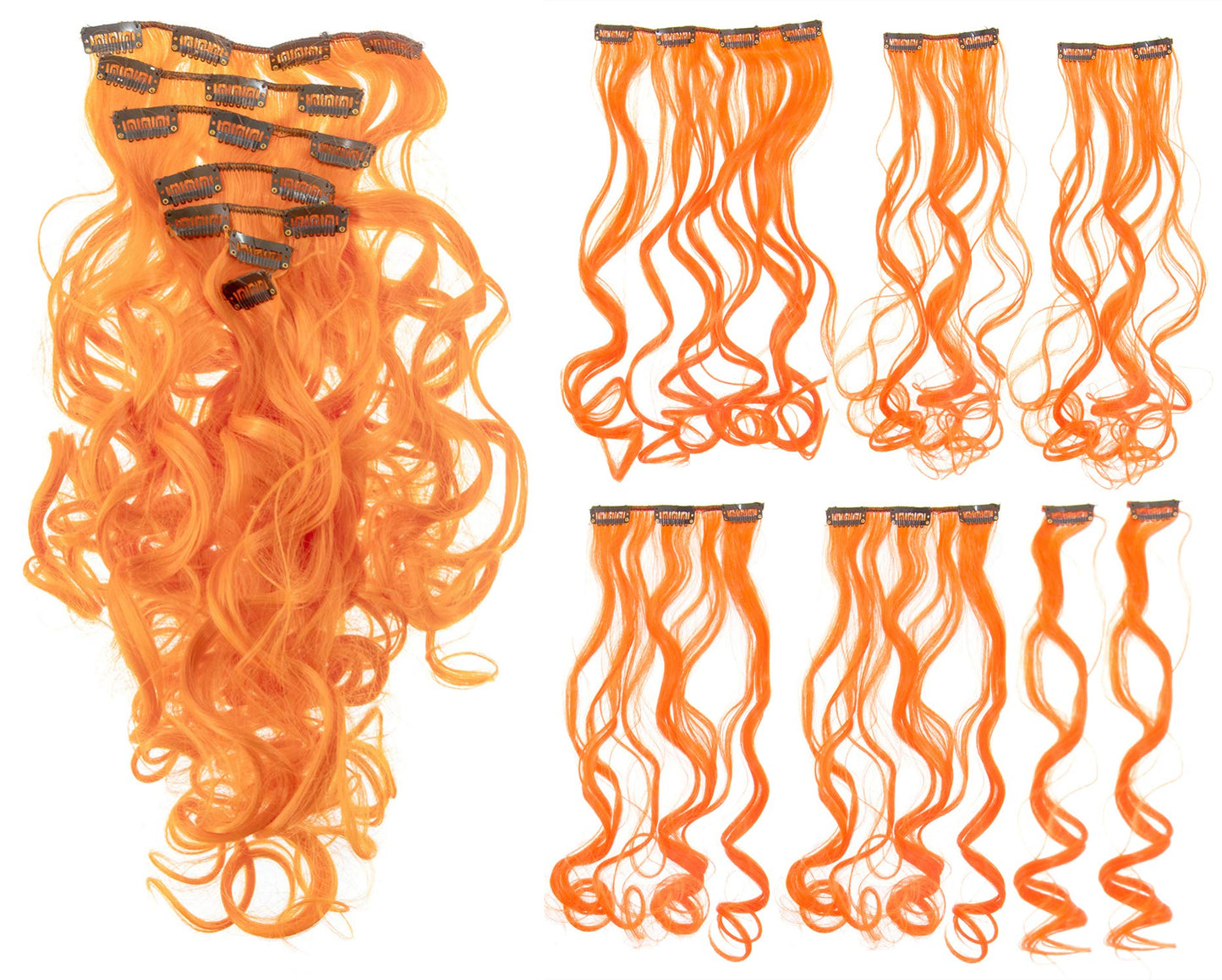 Swacc 7 Pcs Full Head Party Highlights Clip On In Hair Extensions Colored Hair Streak Synthetic Hairpieces (20-Inch Curly, Orang