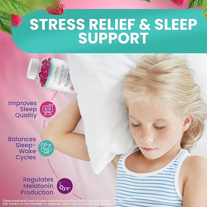 Calm Magnesium Citrate Gummies for Kids - Sleep Support, Chewable Magnesium Supplement 100mg, Stress Relief, Bone Health, Muscle Relaxation, Non-GMO Gluten-Free, Natural Flavor 60 Vegan Gummies