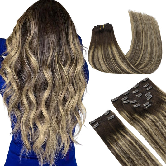 Maxita Human Hair Extensions Clip In,150G 9Pcs Mocha Brown To Bleach Blonde 24 Inch,Hair Extensions Clip In Real Human Hair Remy