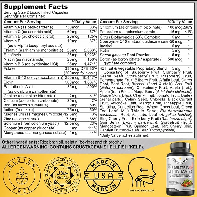 Bariatric Multivitamin with Iron for Women & Men - All-in-One 42 Superfood Blend for Energy & Immune Support - Post-Surgery Recovery, Easy-to-Swallow, Halal, Made in USA (120 Capsules)