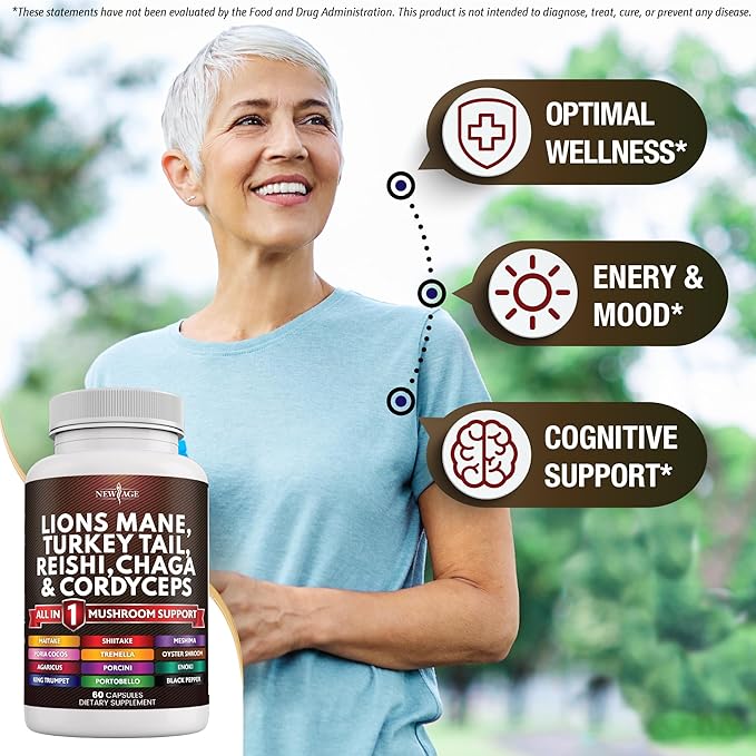 NEW AGE Lions Mane Mushroom Supplement with Turkey Tail Reishi Cordyceps Chaga with Marshmallow Root - 120 Count