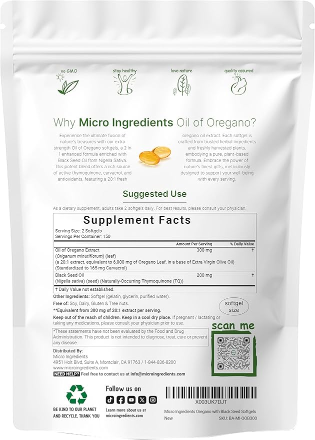 Micro Ingredients Oil of Oregano Softgels 300 Count & Moringa Oleifera 6,000mg Equivalent 300 Capsules Bundle 2 Pack | Carvacrol & Thymoquinone | Antioxidant Supplement