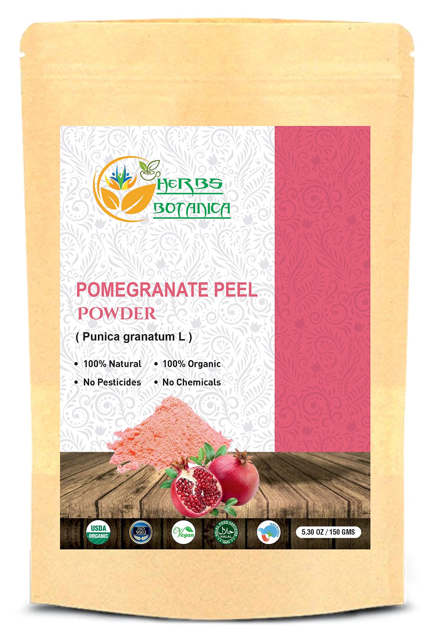 Herbs Botanica Pomegranate Peel Powder 5.3 Oz / 150 Gms, Natural Punica Granatum | Promote Youthful Skin | Gluten Free & Non Gmo