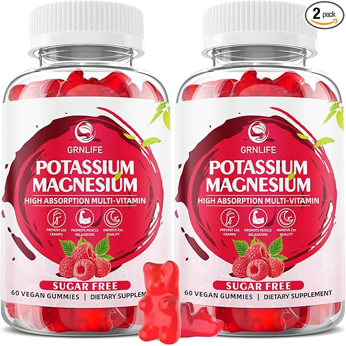 Potassium Magnesium Supplement Gummies, Potassium Gummies for Adults Kids, High Absorption Magnesium Glycinate for Leg Cramps & Immune Health, Sugar-Free, Raspberry Flavors, 120 Count