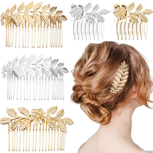 5 Pieces Leaf Hair Side Combs Gold Silver Rhinestone Hair Comb Clips With Teeth Combs For Wedding Hair Accessories For Women, Gi