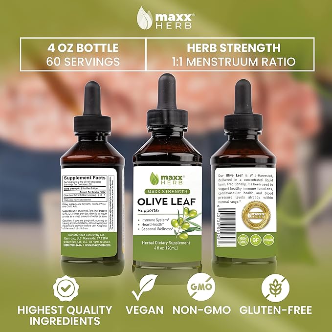 Maxx Herb Olive Leaf Extract – Max Strength Oleuropein Liquid Absorbs Better Than Capsules or Tea, for Immune Support, Heart Health, and Seasonal Wellness - 4 Oz Bottle (60 Servings)