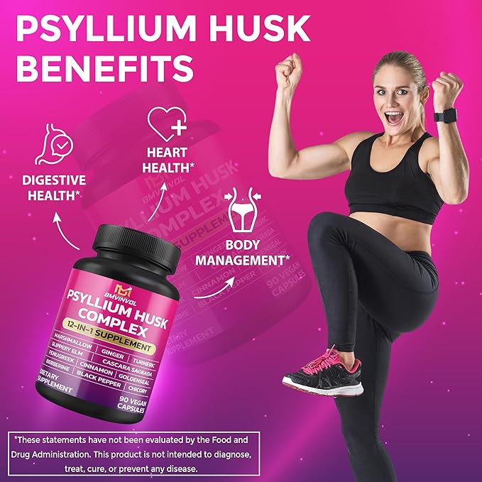 BMVINVOL Psyllium Husk, Slippery Elm, Cascara Sagrada, Fenugreek, Berberine, Cinnamon, Turmeric + 5 Mores - Immune Support & Digestive Health Supplement - 90 Capsules