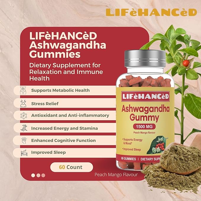 Ashwagandha Gummies, LAB Tested, 60 Count,1500mg,3% Withanolides,Peach Mango Flavour, Ideal Supplement for Your Entire Family.
