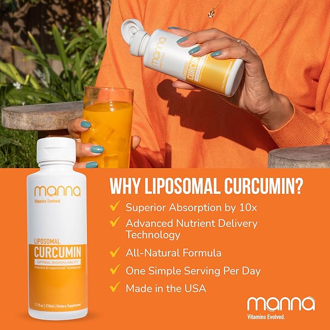 Manna Vitamins Evolved Liposomal Liquid Curcumin for Advanced Absorption Best Turmeric Supplement for Daily Joint & Immune Health Support - Vegan, Non-GMO, 95% Curcuminoids