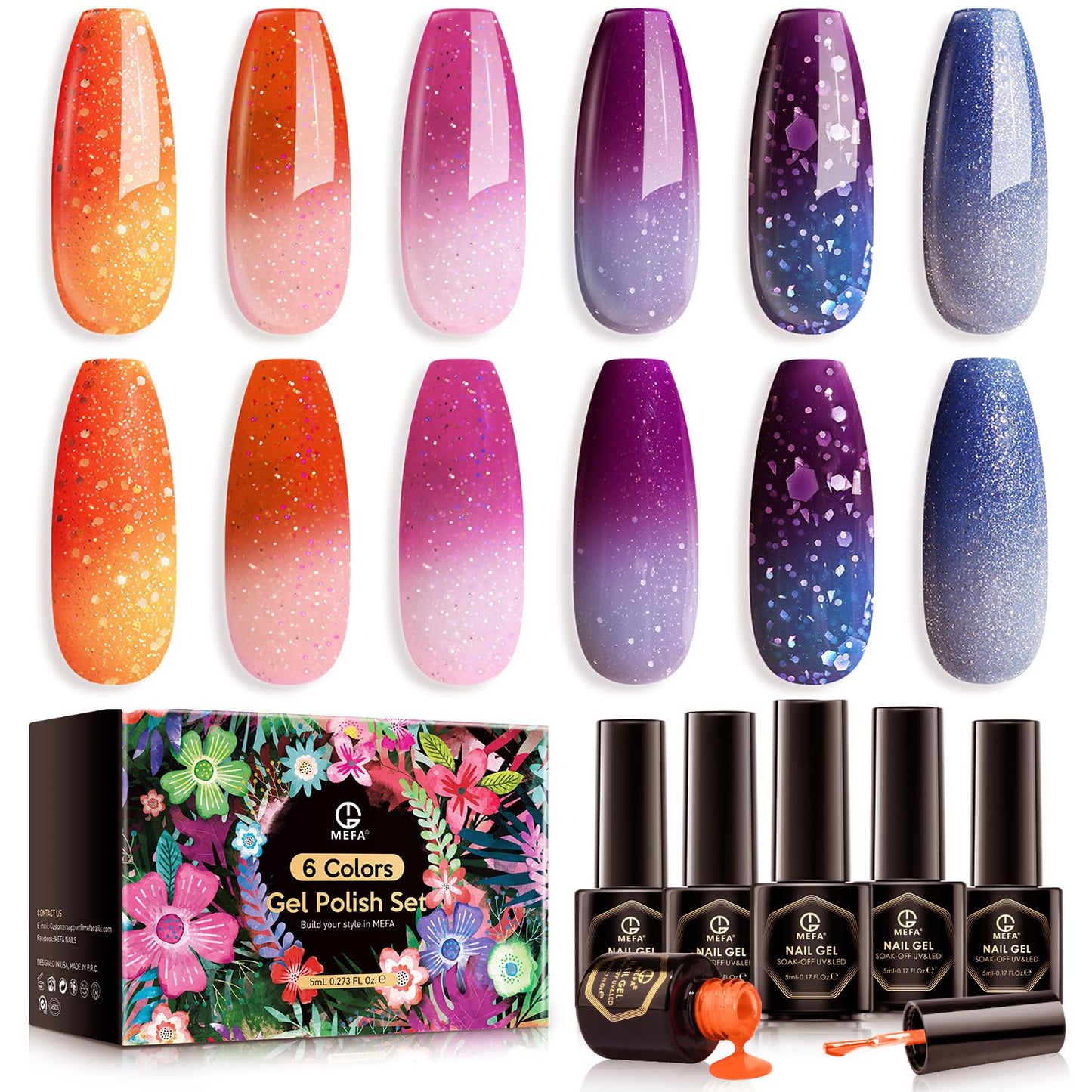 Mefa Color Changing Gel Nail Polish Set 6 Colors, Winter Temperature Mood Changed Glitter Blue Pink Purple Red Orange Ombre Soak
