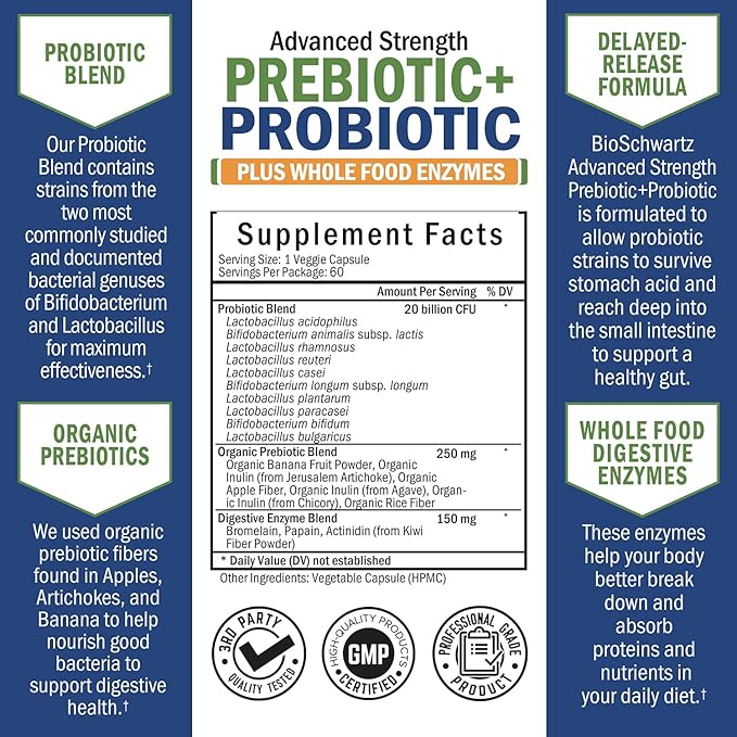Advanced Strength Pre and Probiotics Supplement with Digestive Enzymes (2 Month Supply) Plus Elderberry with Zinc and Vitamin C for Adults Immune Support (2 Month Supply)