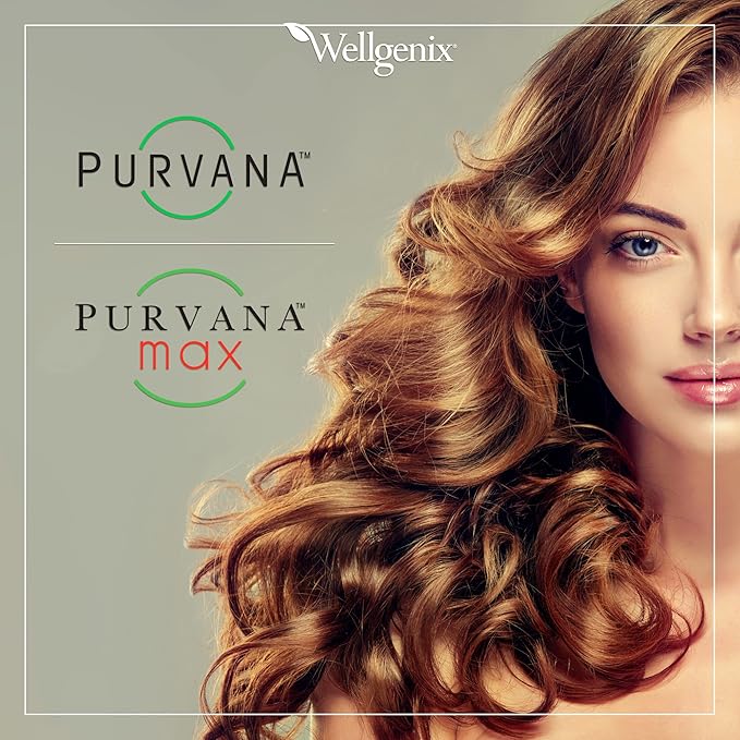 Purvana Max Hair, Skin, and Nails Vitamin - 5000mcg Biotin, Folic Acid, DMAE, Grape Seed Extract - One a Day Vegan Hair, Skin, Nails Support - Promotes Collagen Production - 30 Caps (Pack of 2)