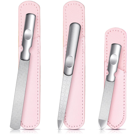 3 Pieces Stainless Steel Nail Files With Leather Case, Double Sided Metal Nail Files With Anti-Slip Handle, Metal Nail File Buff