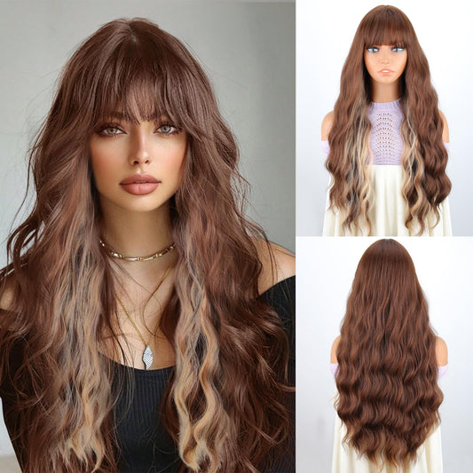 Merisihair Light Brown Wavy Wig With Bangs For Long Women Brown And Blonde Wavy Hair Wigs Ombre Highlight Ash Brown Mixed Golden