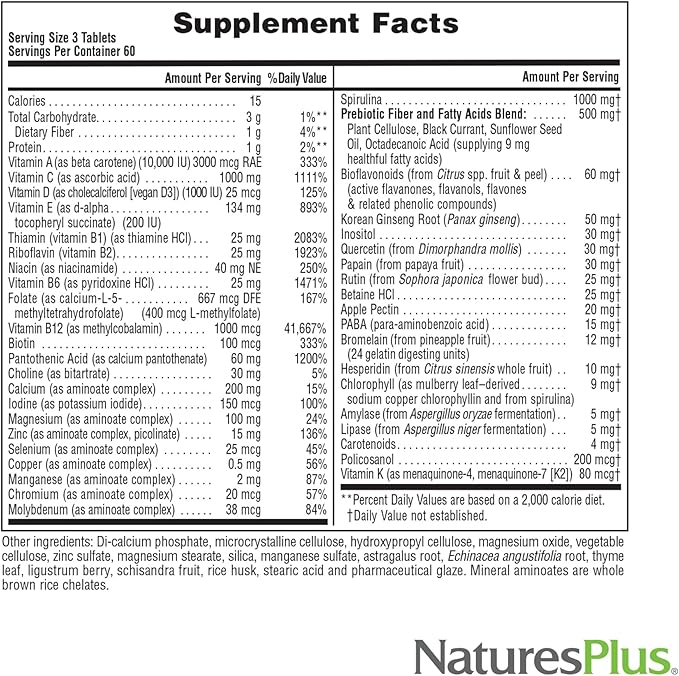 Natures Plus Source of Life No Iron - 180 Tablets, Pack of 2 - Multi-Vitamin & Mineral Supplement - Supports Natural Energy & Overall Well-Being - Gluten Free, Vegetarian - 120 Total Servings