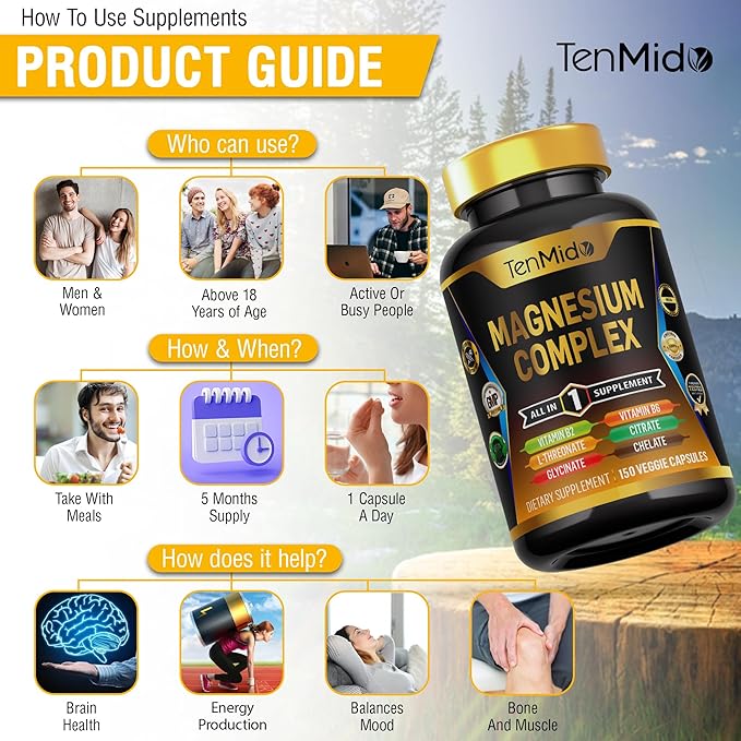 Magnesium Complex Supplement - Combine 10 Types of Magnesium: Glycinate, L-Threonate, Citrate, Chelate, Bisglycinate, Oxide, Malate, Orotate, Aspartate, Taurate - 150 Capsules for 5 Months