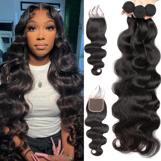 Beauty Queen Brazilian Body Wave Bundles With Closure (18 20 22+16) 100% Unprocessed Human Hair Closure With 3 Bundles Weave Vir